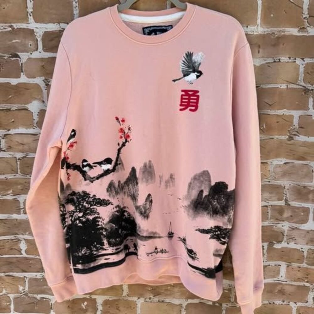 Blind Rooster Pink Asian inspired bird Graphic Sweatshirt Size L